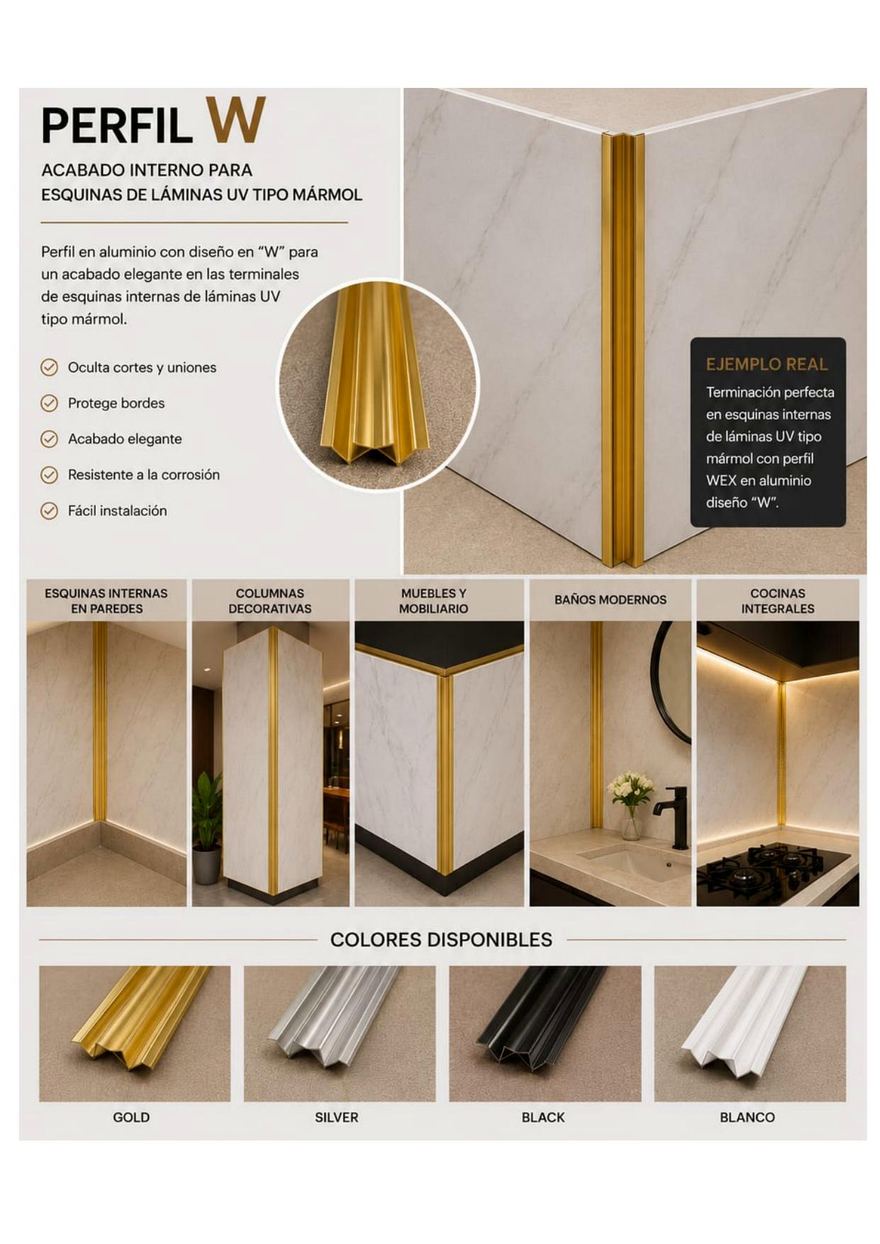 Aluminio — Perfil W (Esquina interna · UV)