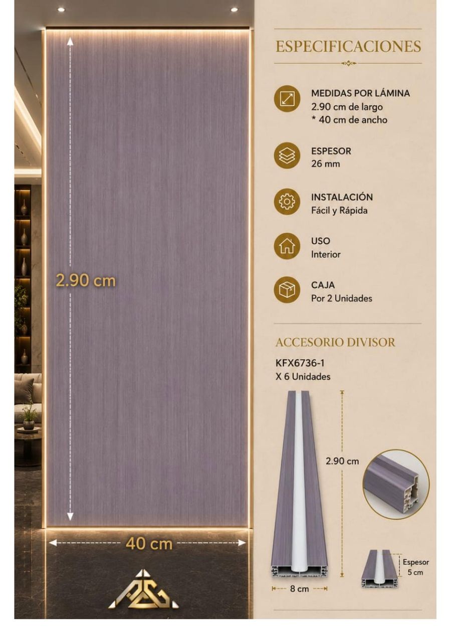 Especificaciones Panel Muro Divisor — 2.90 m largo, 40 cm ancho, 26 mm espesor